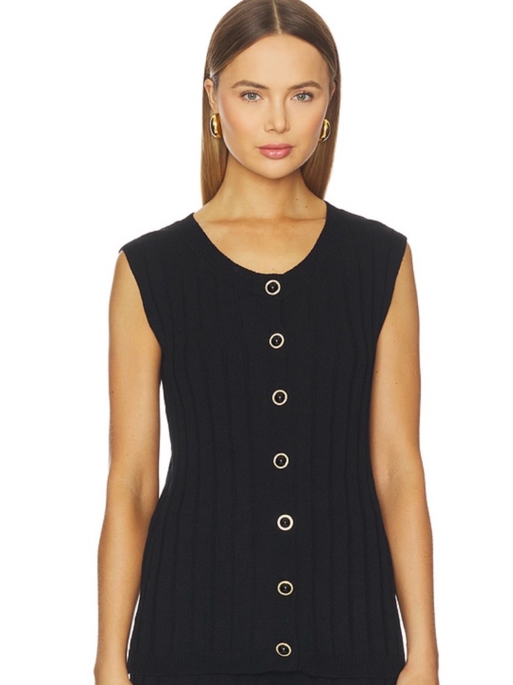 Black Sleeveless Ribbed Button-Front Knit Tank- SNDY- Revolve